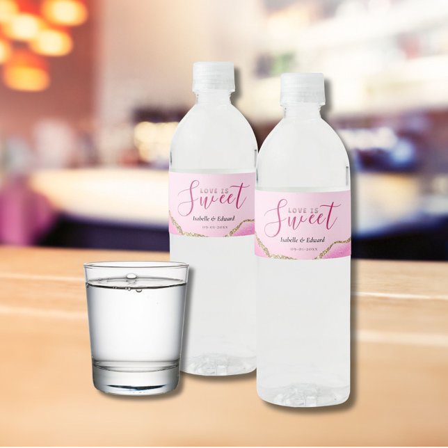 Kärlek är sött guld & rosa agatsten bröllop vattenflaska etikett (Skapare uppladdad)