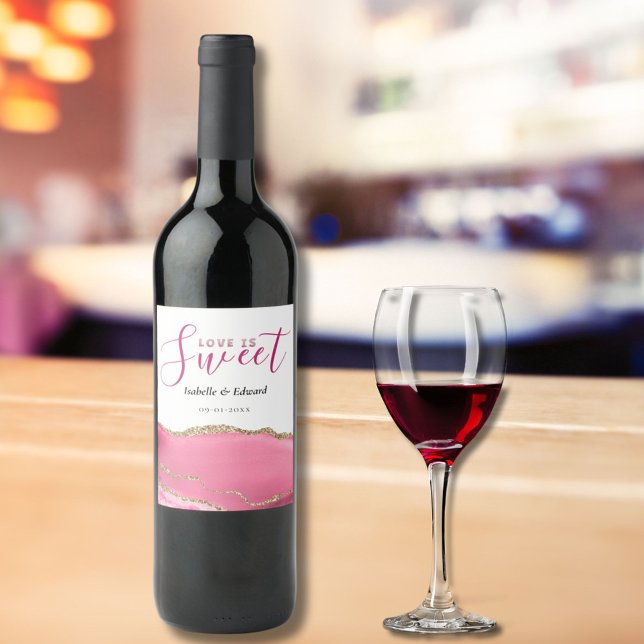 Kärlek är sött guld & rosa agatsten vigsel vinflaska etikett (Skapare uppladdad)