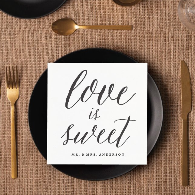 Kärlek är sött skript, modern kalligrafi Bröllop Pappersservett (LOVE IS SWEET Script Modern Calligraphy Wedding Paper Napkins @ fatfatin_blue_knot)