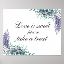 Kärlek är sött ta godsak. Lila blommor. Bröllop Poster