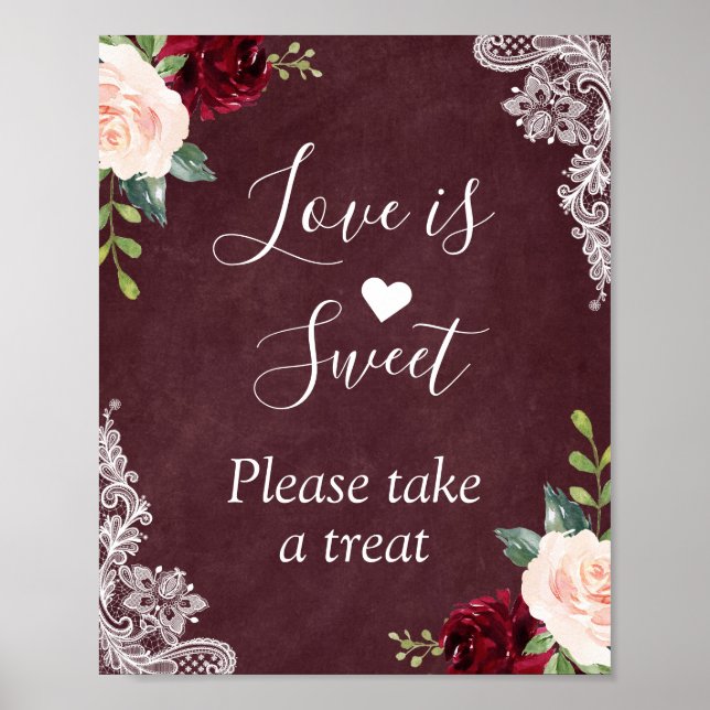 Kärlek är Sweet Burgundy  Blommigt Snöre Poster (Framsidan)