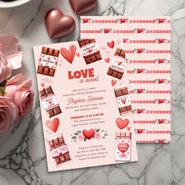 Kärlek är Sweet Chocolate och Hearts Möhippa Inbjudningar (Bridal Shower invitation from the Valentines Bridal Shower Invitation collection by Darling & May)