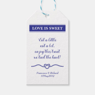 Kärlek är Sweet Navy Blue Rope Heart Bröllop Presentetikett
