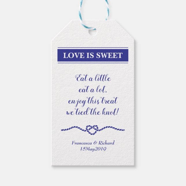 Kärlek är Sweet Navy Blue Rope Heart Bröllop Presentetikett (Framsidan)
