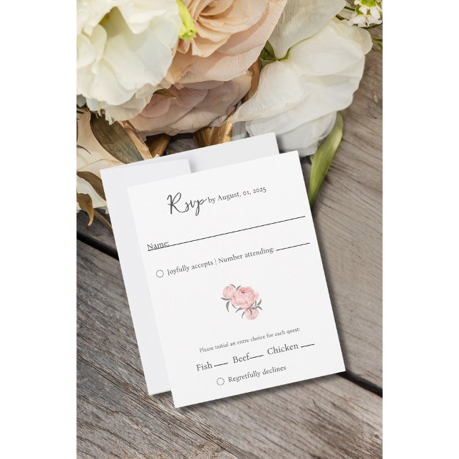 Kärlek är tålamod – Skript RSVP-kort OSA Kort (Soft blush peonies and greenery add a romantic touch to this elegant watercolor RSVP card.)