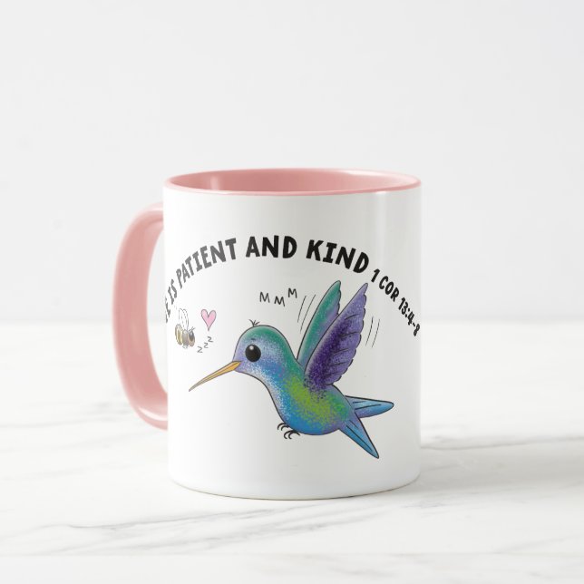 Kärlek är tålig söt bin och kolibri bibelvers mugg (Framsida vänster)
