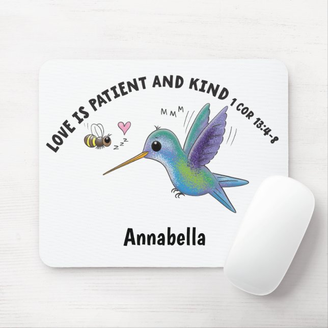 Kärlek är tålig söt bin och kolibri bibelvers musmatta (Med mus)