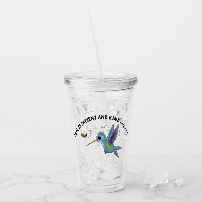 Kärlek är tålig söt bin och kolibri bibelvers take away mugg (Framsida Ice)