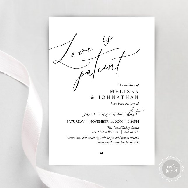 " Kärlek är tålmodig " Bröllopsfördröjningsmeddela Inbjudningar (“Love Is Patient” Wedding Postpone Announcement, Change the date card in black and white)