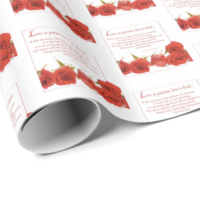 Kärlek är Tålmodig Röd Ros Presentpapper (Rullad Hörn)