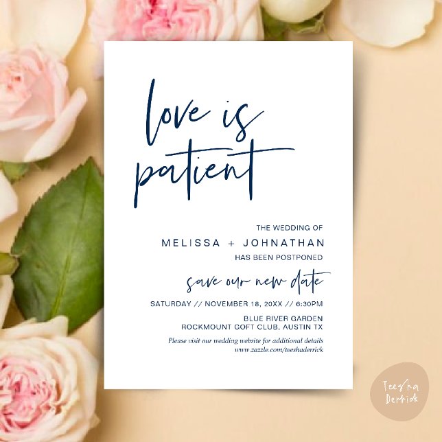 Kärlek är tålmodigt, ändra Bröllopens nya datum Inbjudningar (Minimalist, Love is patient, Romantic Wedding Change the new date card PDF in navy Blue)