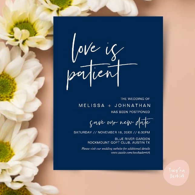 Kärlek är tålmodigt, ändra Bröllopens nya datum Inbjudningar (Minimalist, Love is patient, Romantic Wedding Change the new date card PDF in navy Blue)