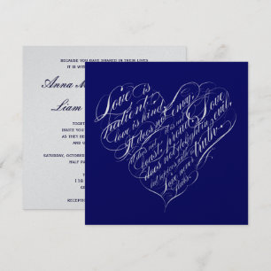 Kärlek är tålmodigt.. navy & silver kalligrafiskt  inbjudningar