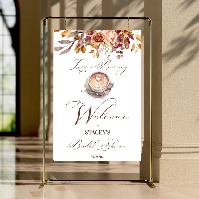 Kärlek är välkommet över möhippan för kaffefall poster (Love is brewing coffee fall bridal shower welcome sign poster template personalized entrance decor)
