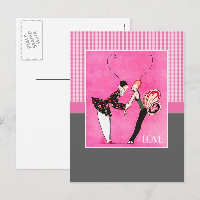 Kärlek. Art Deco Valentindagen Helg Vykort (Fram/baksida)