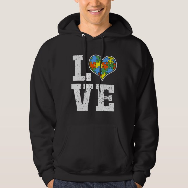 Kärlek Autism Awareness För barn Mamma Pappa Heart Hoodie (Framsida)