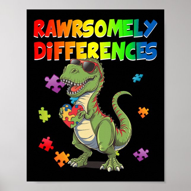 Kärlek Autism t Rex Dinosaur skiljer sig i hög gra Poster (Framsidan)