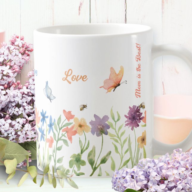 Kärlek Bästa Mamma Målad Vårblommor Fjäril Bin Kaffemugg (Love Best Mom Painted Spring Flowers Butterfly Bee Coffee Mug ©Susanne Sachers - Sunny Mind 🌞)