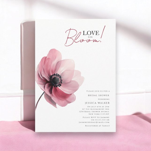 Kärlek befinner sig i bröllop blommigt möhippa inbjudningar (love is in bloom pink flower bridal shower invitation )