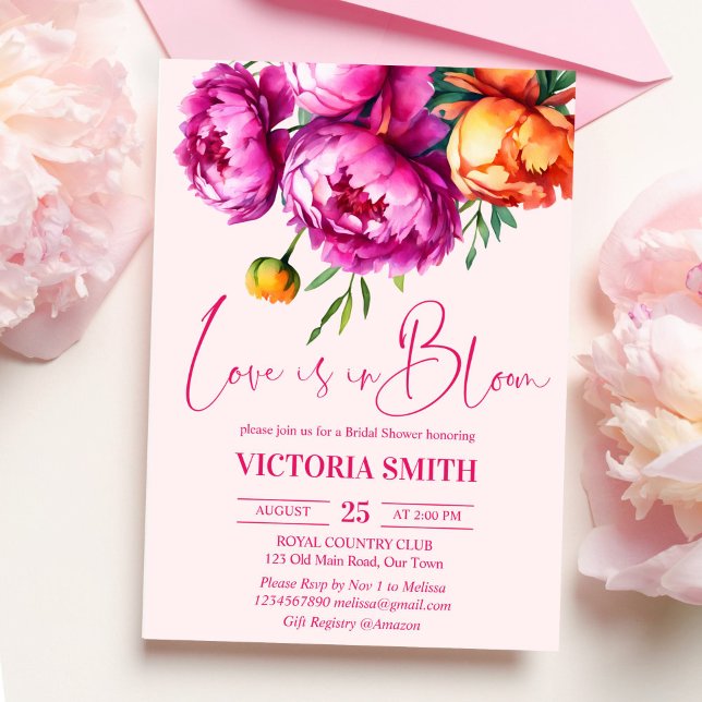 Kärlek befinner sig i den blomstrande rosa möhippa inbjudningar (Love is in bloom bold pink peonies spring summer bridal shower invitation template instant download)