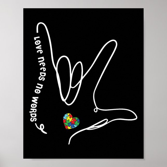 Kärlek Behöver Inga Ord Asl Pusselbit Hjärtat Auti Poster (Framsidan)