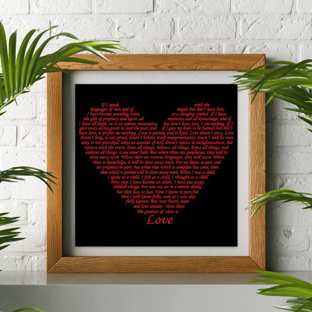 Kärlek Bibelcitattypografi Poster (Love bible quote 1 Corinthians 13 red heart typography art poster by artist Catherine Sweetman )