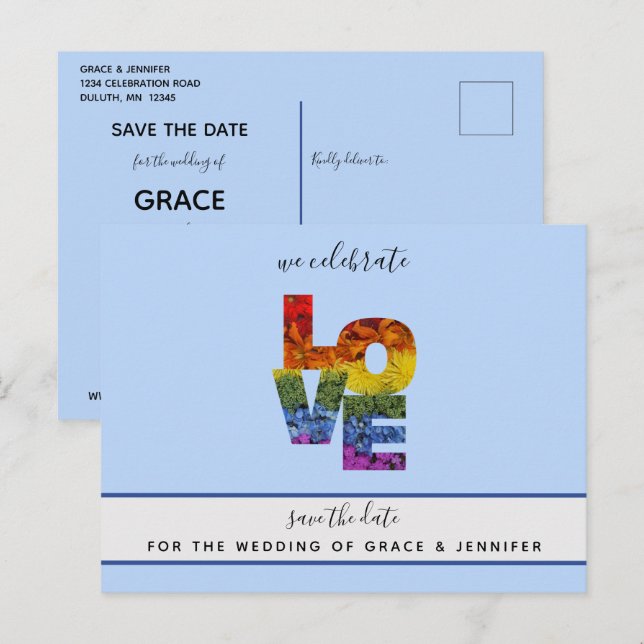 Kärlek Blå Tema Samkönat Bröllop Spara Datum Vykort (Fram/baksida)