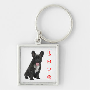 Kärlek Black Fransk Bulldog Puppy Hund Chain Fyrkantig Silverfärgad Nyckelring