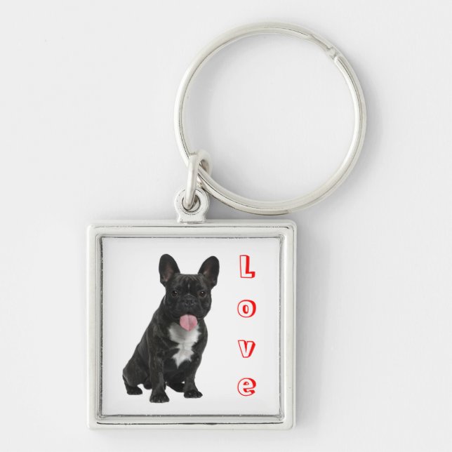Kärlek Black Fransk Bulldog Puppy Hund Chain Fyrkantig Silverfärgad Nyckelring (Framsidan)