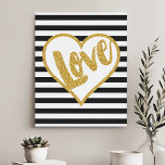Kärlek Black & White Guld Glitter Rand Canvastryck<br><div class="desc">Vackert,  modernt trendig-typografi-penselskriptcitat. kärlek. Med ett söt guld metalliskt glitter hjärta ram och guld med svart och vitt rand.</div>