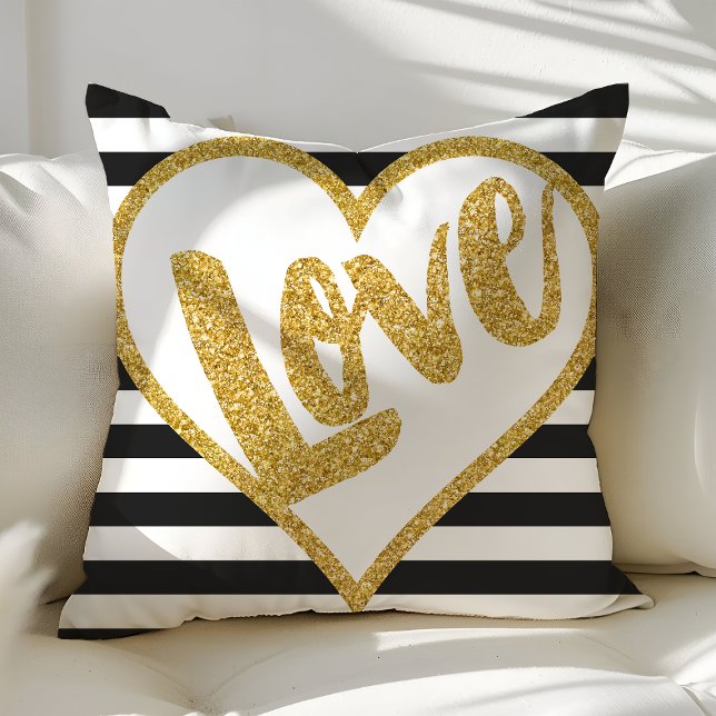 Kärlek Black & White Guld Glitter Rand Kudde (Skapare uppladdad)
