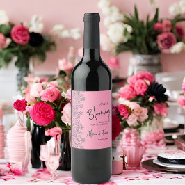 Kärlek blåser ljus rosa och svart blommigt dusch vinflaska etikett