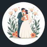 Kärlek Blommar Bröllop Sticker Runt Klistermärke<br><div class="desc">Ett bra exempel på ett par som delar en kyss med en bukett av blommor och hjärtan,  perfekt för bröllop firande.</div>