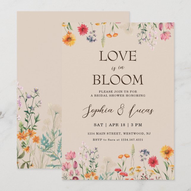 Kärlek blommar Bröllopsdusch med vilda blommor Inbjudningar (Fram/baksida)