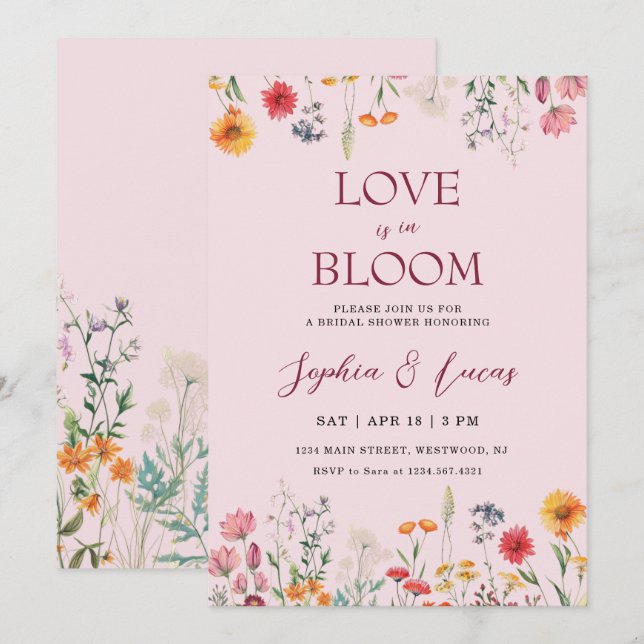 Kärlek blommar Bröllopsdusch med vilda blommor Inbjudningar (Fram/baksida)