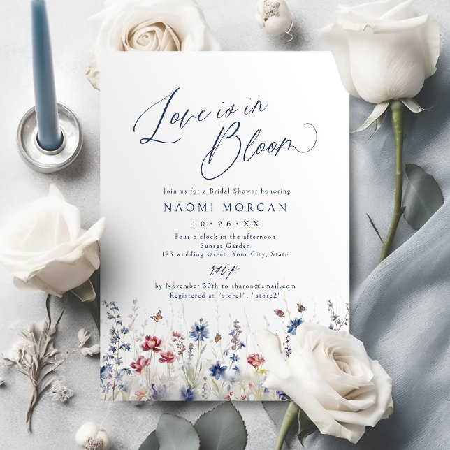 Kärlek blommar i marinblå vildblomma bröllopsdusch inbjudningar (Love is in Bloom Navy Wildflower Bridal Shower Invitation)