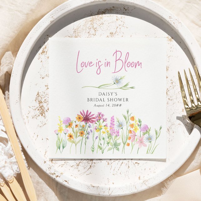 Kärlek blommar i vildblomsäng Bröllopsdusch Pappersservett (Love is in Bloom bridal shower napkins from my Wildflower Meadow collection)