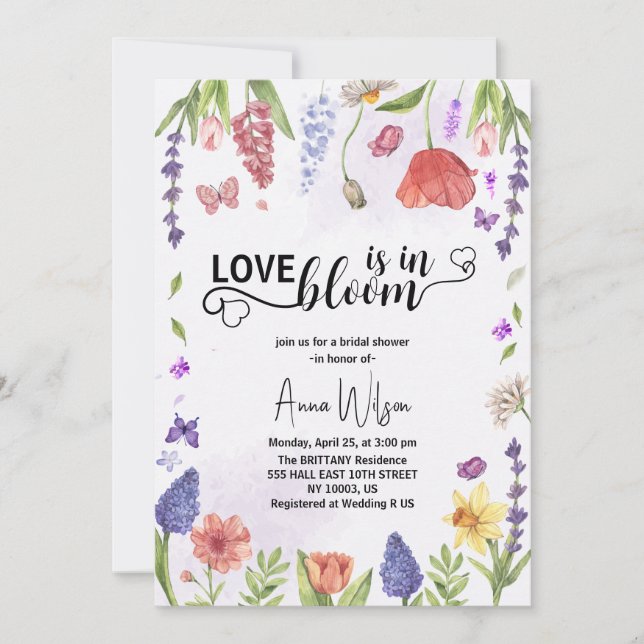 kärlek blommar lila vildblomma bröllopsdusch inbjudningar (Framsida)