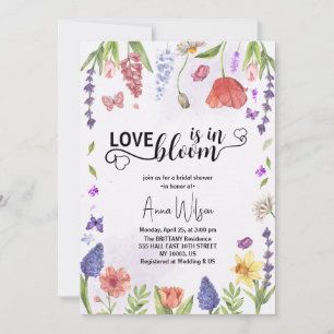 kärlek blommar lila vildblomma bröllopsdusch inbjudningar
