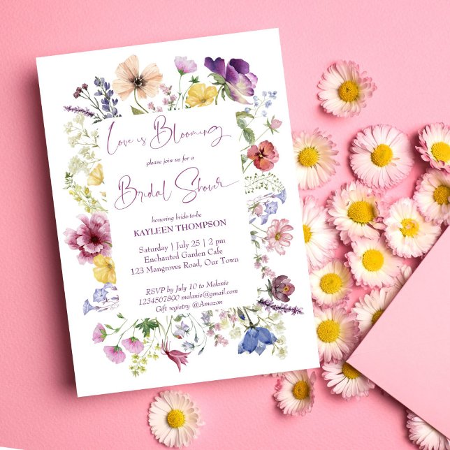 Kärlek blomstrar möhippan av boho-vilda blommor inbjudningar (Love is blooming boho wildflower bridal shower invitation template colorful flowers spring summer)