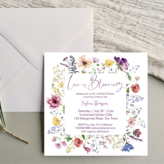 Kärlek blomstrar möhippan av boho-vilda blommor inbjudningar (Love is blooming boho colorful wildflower spring summer  bridal shower invitation template digital)
