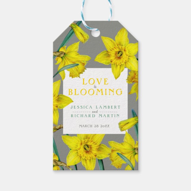 Kärlek blomstrar vattenfärgen gult vår bröllop presentetikett (Framsidan)