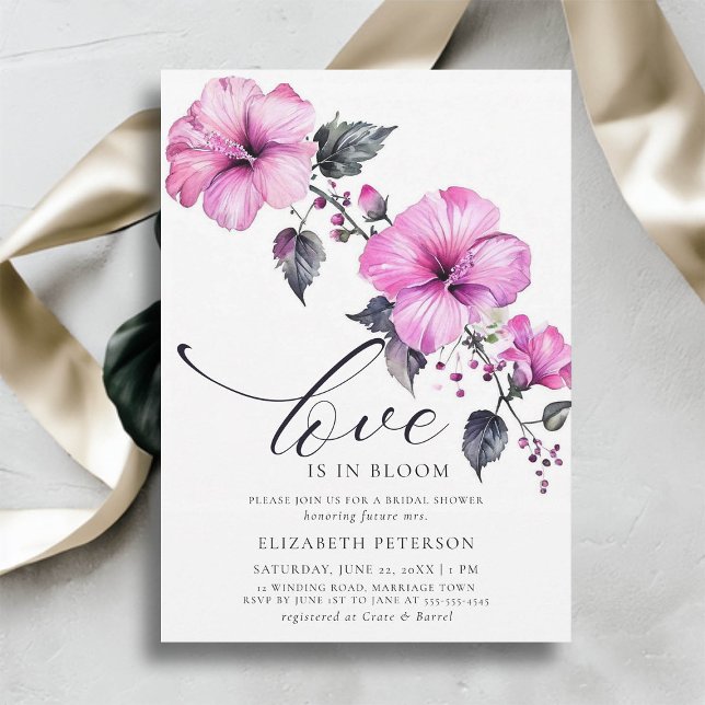 Kärlek Bloom Fold Hibiscus Tropiska Möhippan Inbjudningar (love is in bloom bridal shower invitation tropical pink bold hibiscus flowers floral elegant chic)