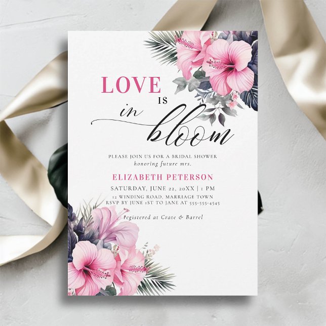 Kärlek Bloom Hibiscus Tropical Rosa Möhippa Inbjudningar (love is in bloom bridal shower invitation tropical pink hibiscus flowers floral frame elegant chic)
