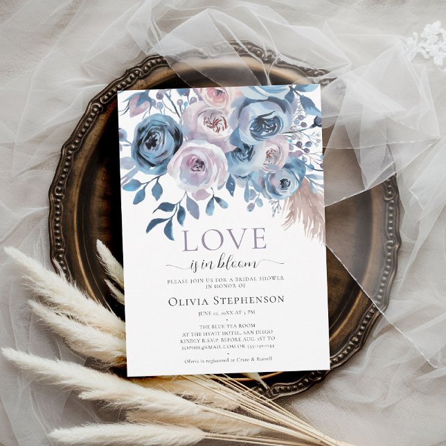 Kärlek Bloom Något Blue Ro Möhippa Inbjudningar (something blue bridal shower invitation floral roses boho pampas grass love in bloom watercolor)