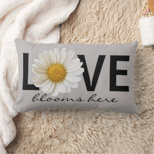 Kärlek Blooms här Vit Daisy Grått Lumbar Pillow Lumbarkudde