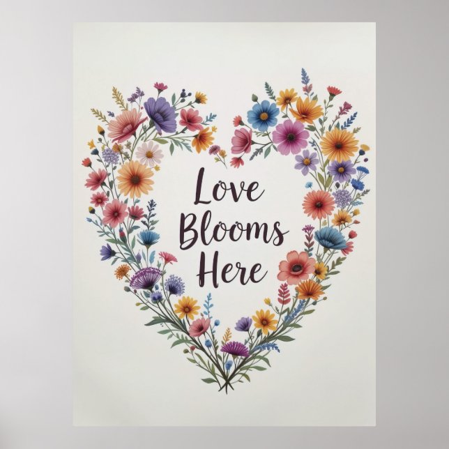Kärlek Blooms here Blommigt Heart Art Print Poster (Framsidan)