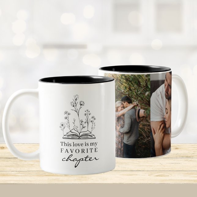 Kärlek, bok älskare-kaffe, Mugg (Photo coffee mug with book and flowers graphic with text "This love is my favorite chapter")