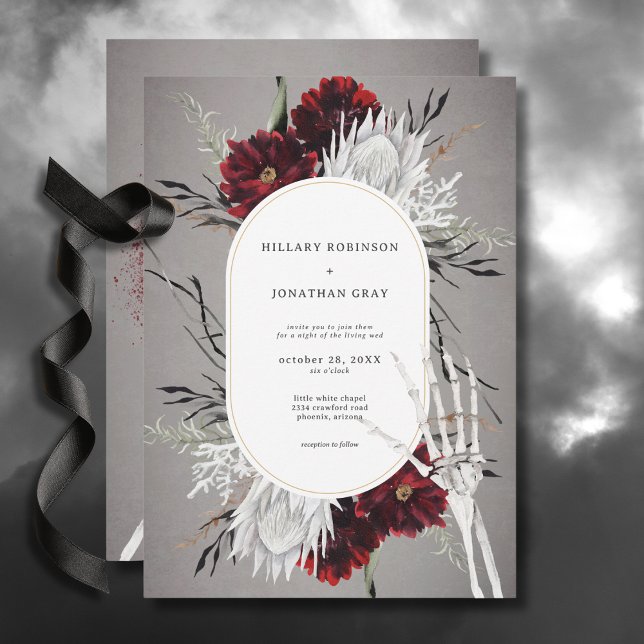 Kärlek & Bones Spooky Red Blommigt Bröllop Inbjudningar (Love & Bones Spooky Red Floral Wedding Invitation)