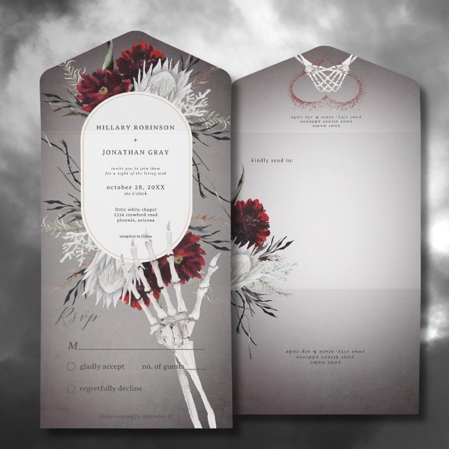 Kärlek & Bones Spooky Red Blommigt Bröllop No Midd (Love & Bones Spooky Red Floral All In One Wedding Invitation without Dinner Options)